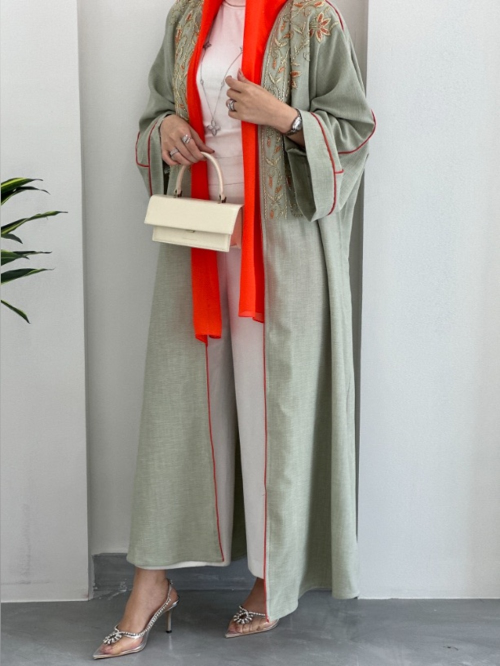 Jewel Design Green Linen Embellishment Open Abaya With Orange Headscarf